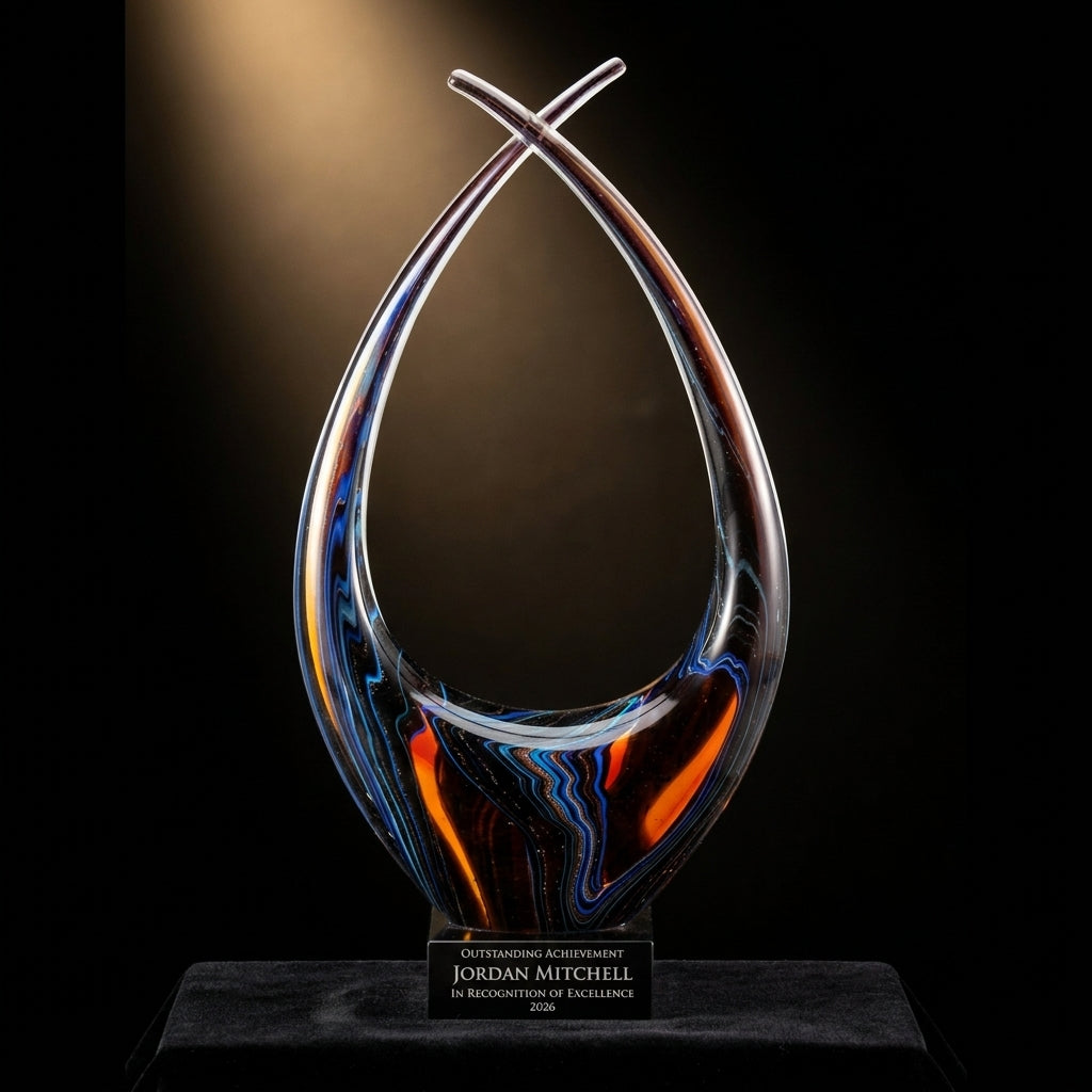 Personalized Sculpture art glass award on black velvet under awards-ceremony spotlight, engraved champion and lifetime achievement award