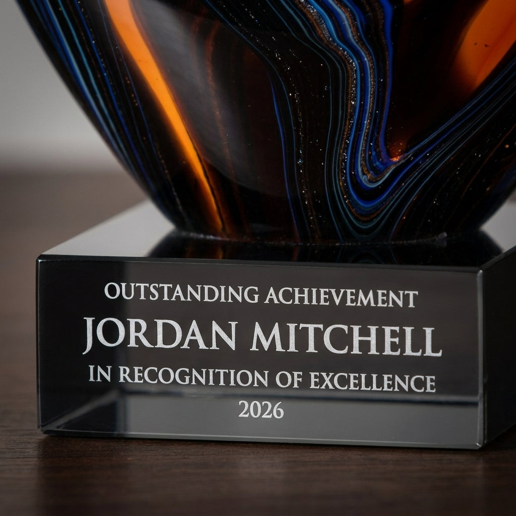 Close-up of the custom laser engraving on a personalized Sculpture art glass award, showing crisp permanent personalization
