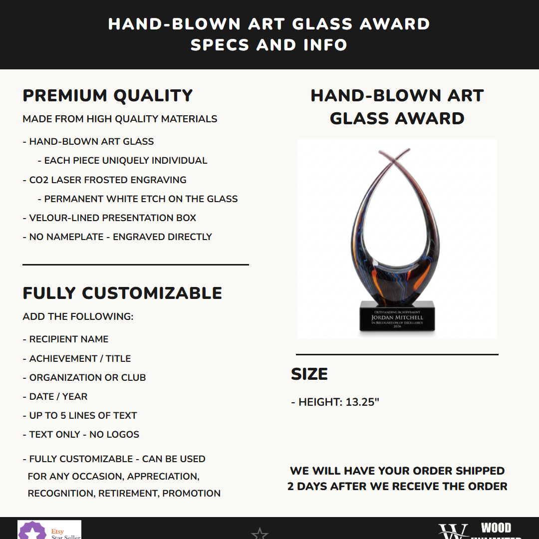 Specifications for the personalized Sculpture art glass award — materials, engraving, and features