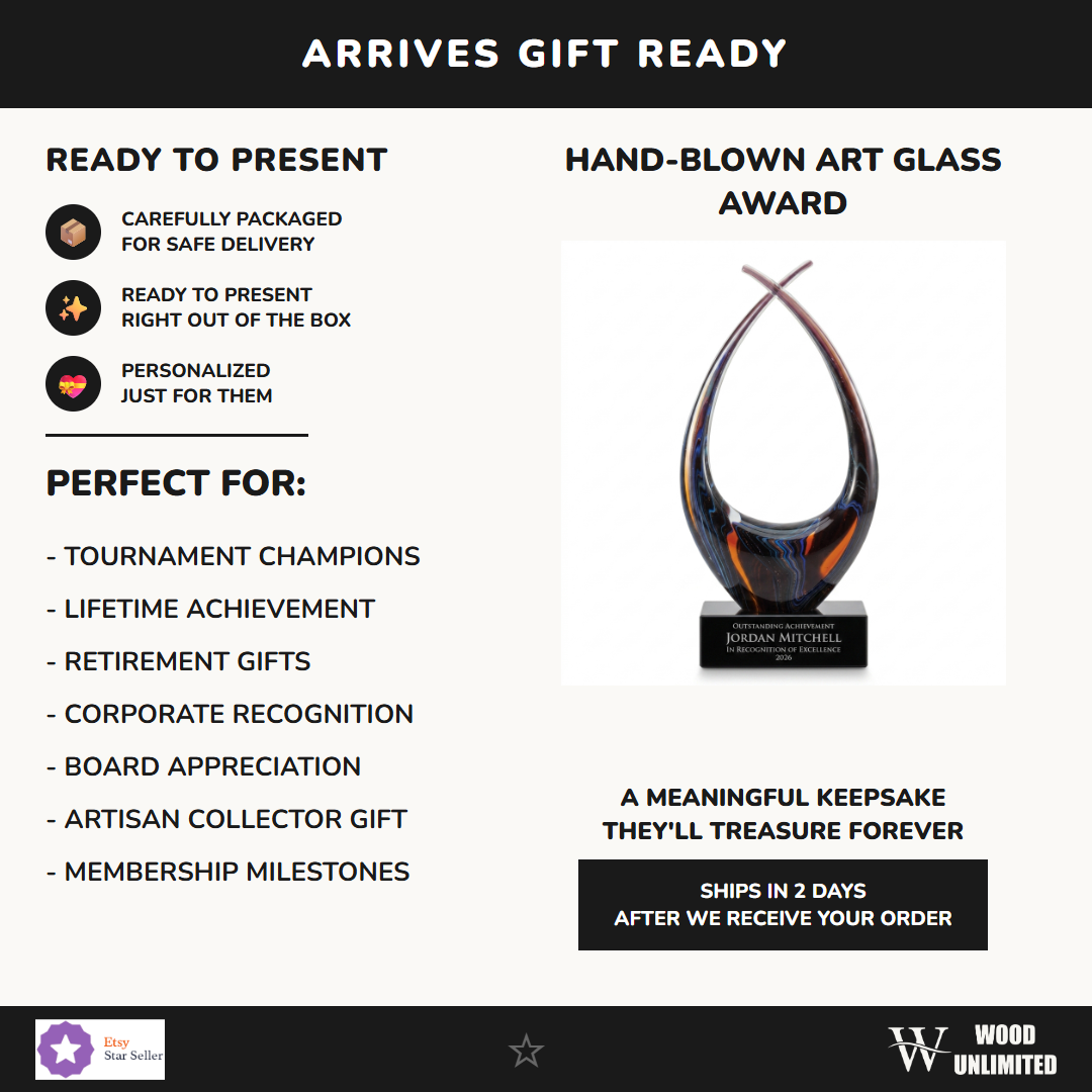 Gift-ready personalized Sculpture art glass award, perfect for ceremonies, retirements, and corporate recognition
