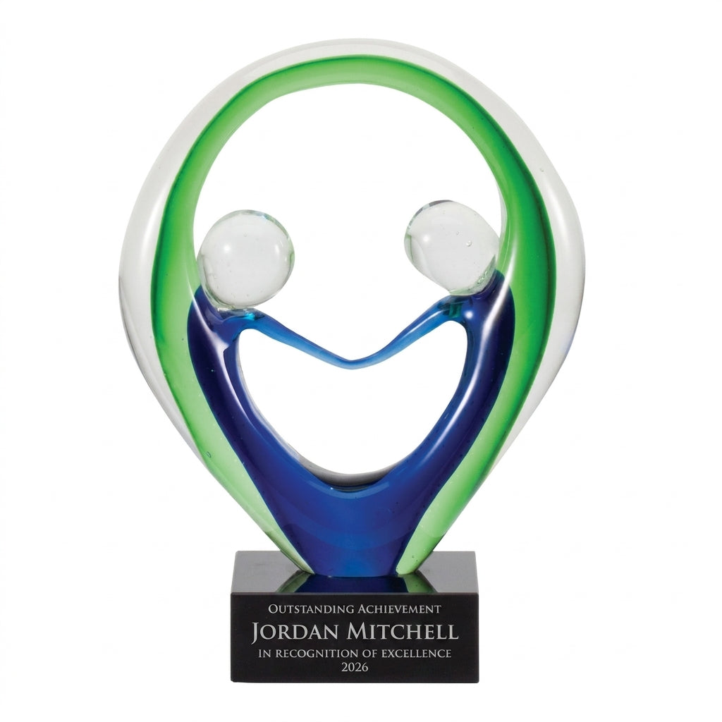 Personalized Sculpture art glass award, custom laser engraved recognition award on a clean white studio background