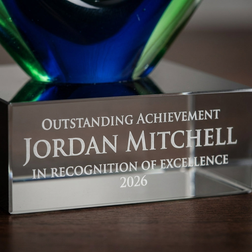 Close-up of the custom laser engraving on a personalized Sculpture art glass award, showing crisp permanent personalization