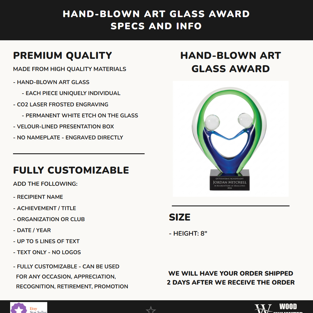 Specifications for the personalized Sculpture art glass award — materials, engraving, and features