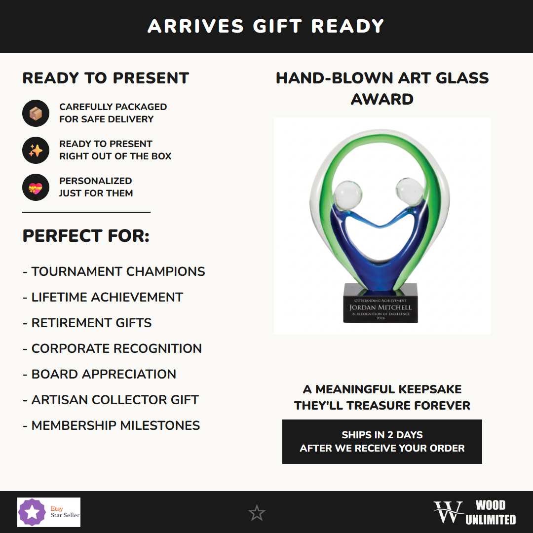 Gift-ready personalized Sculpture art glass award, perfect for ceremonies, retirements, and corporate recognition