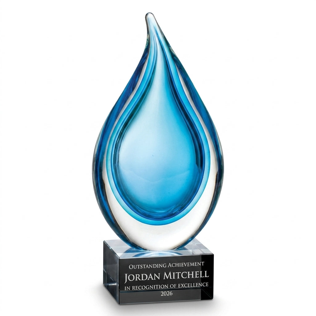 Personalized Sculpture art glass award, custom laser engraved recognition award on a clean white studio background