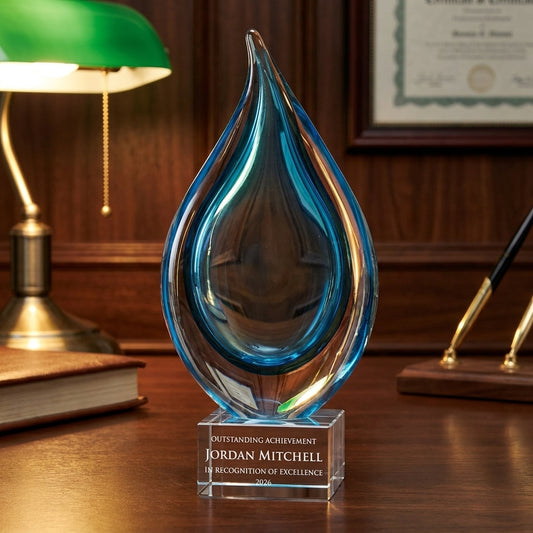 Personalized Sculpture art glass award on a warm executive desk with a green banker's lamp, engraved corporate recognition and retirement gift