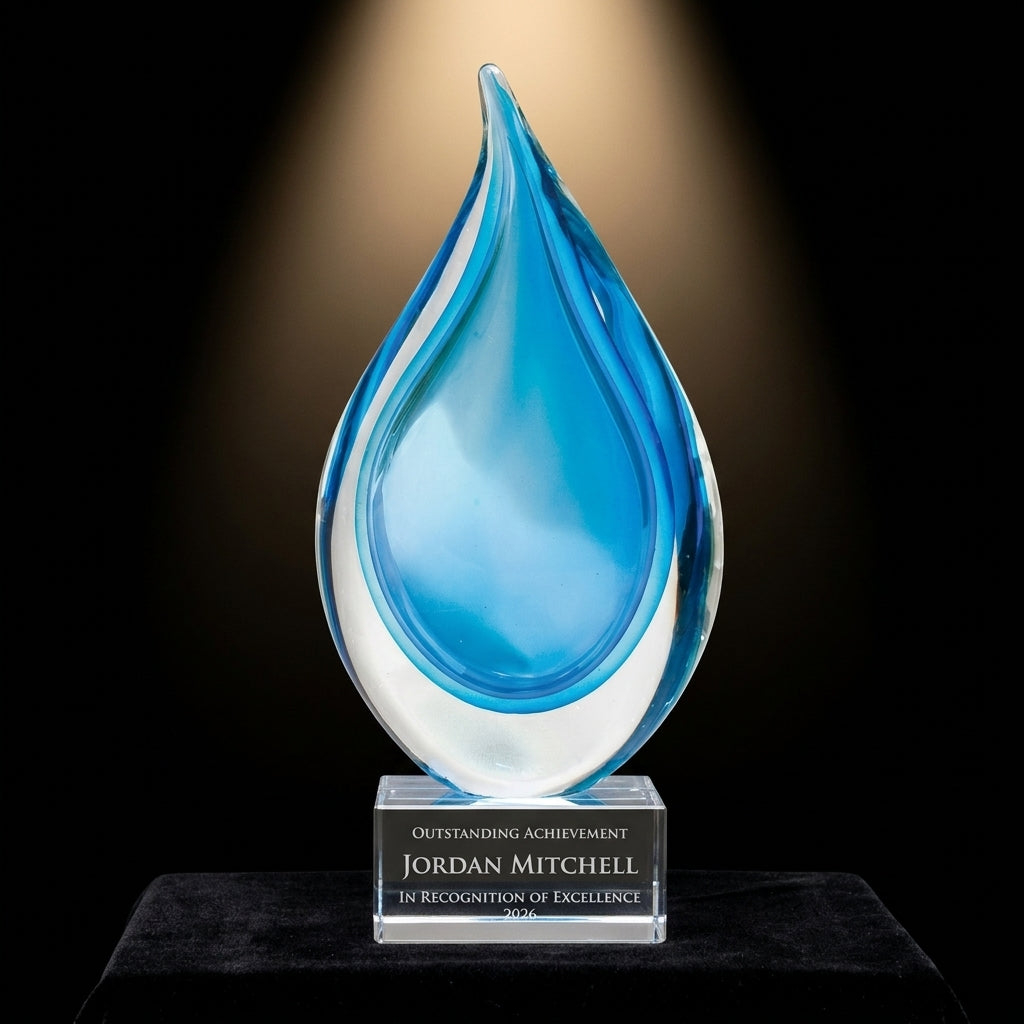 Personalized Sculpture art glass award on black velvet under awards-ceremony spotlight, engraved champion and lifetime achievement award