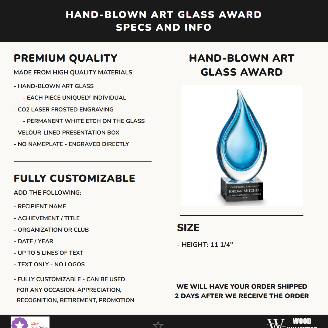 Specifications for the personalized Sculpture art glass award — materials, engraving, and features