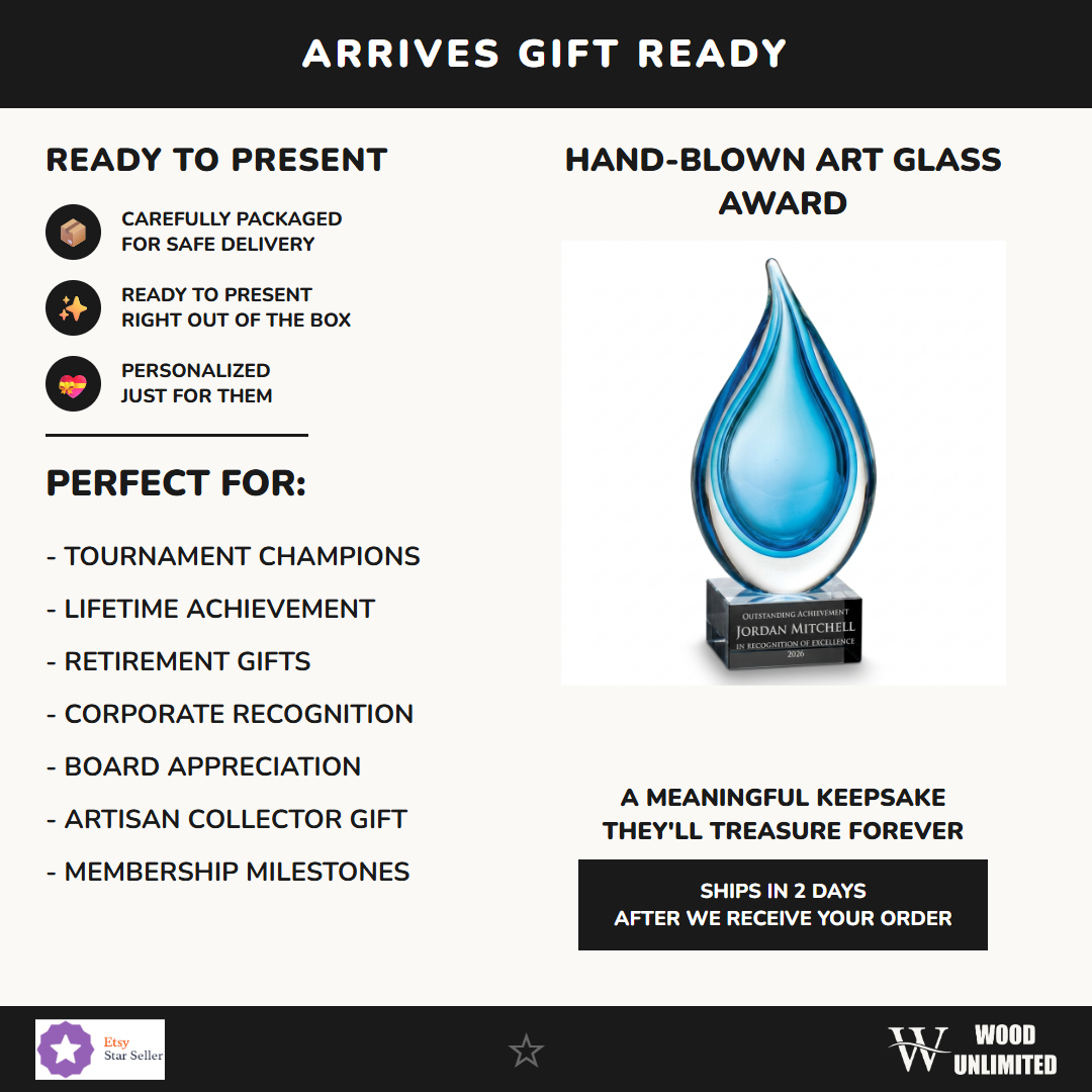 Gift-ready personalized Sculpture art glass award, perfect for ceremonies, retirements, and corporate recognition