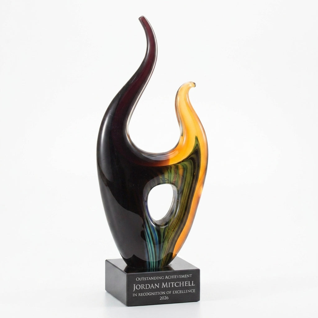 Personalized Sculpture art glass award, custom laser engraved recognition award on a clean white studio background