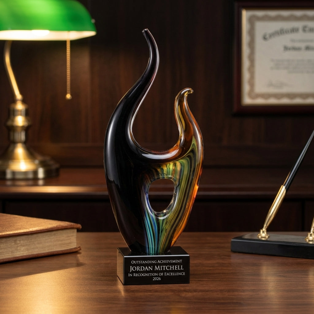 Personalized Sculpture art glass award on a warm executive desk with a green banker's lamp, engraved corporate recognition and retirement gift