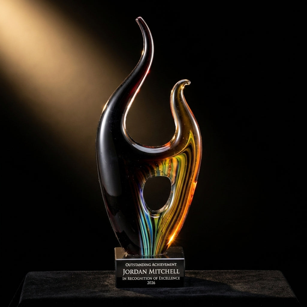 Personalized Sculpture art glass award on black velvet under awards-ceremony spotlight, engraved champion and lifetime achievement award
