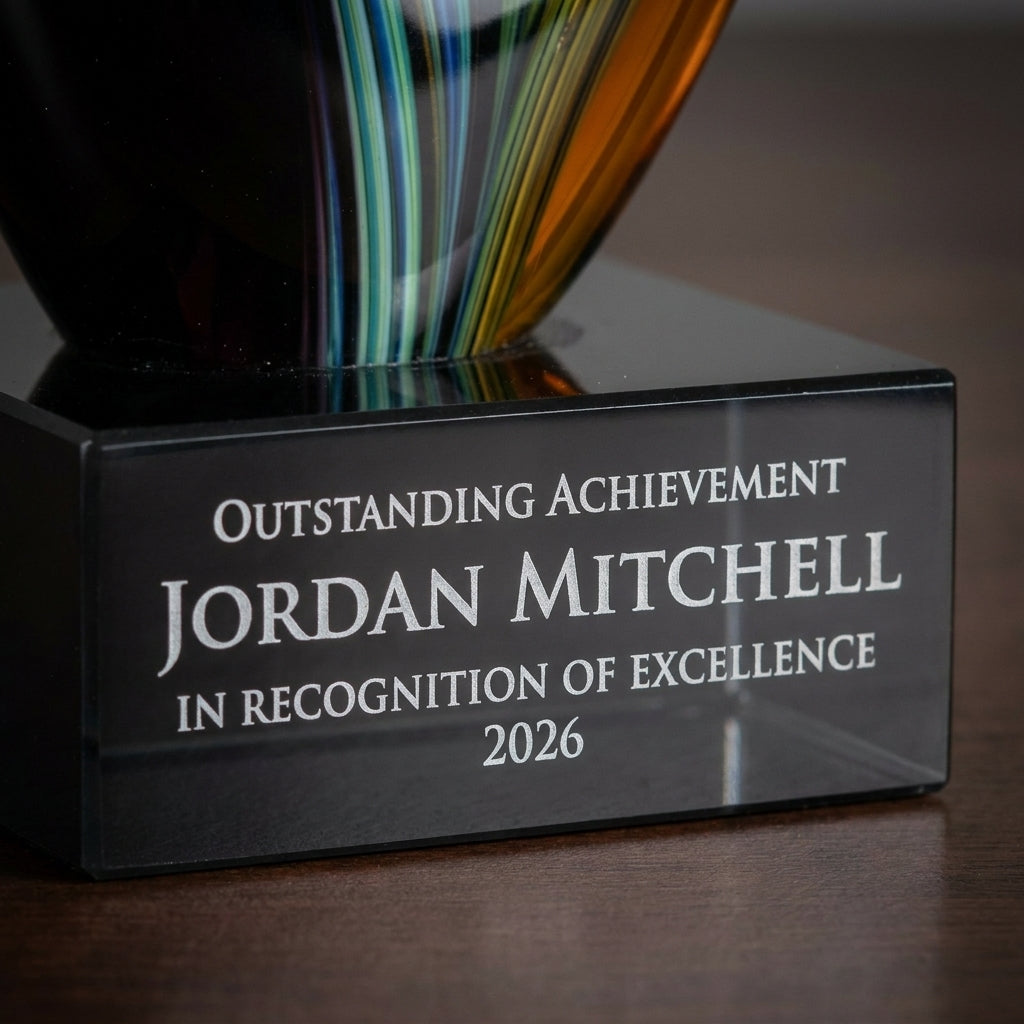 Close-up of the custom laser engraving on a personalized Sculpture art glass award, showing crisp permanent personalization