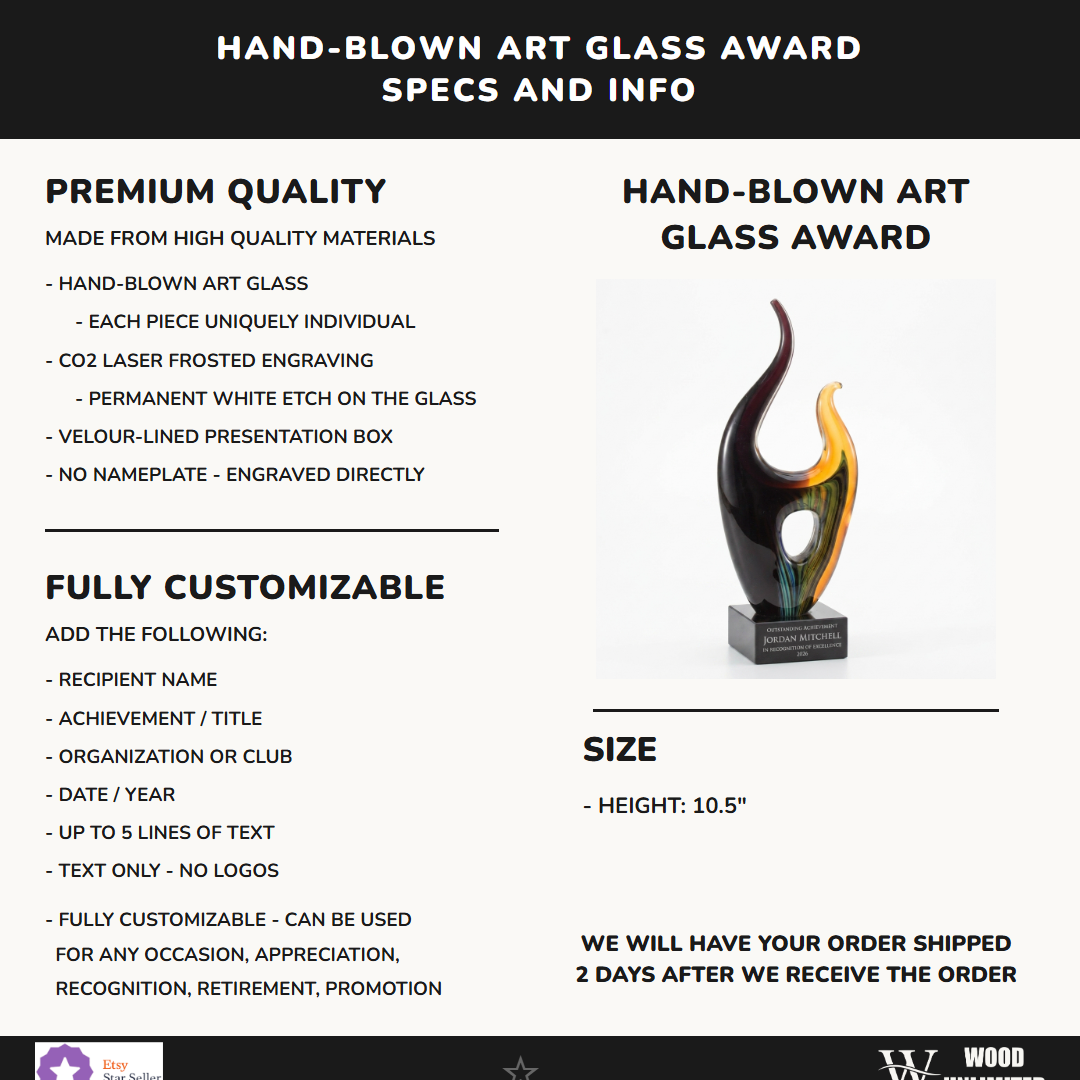 Specifications for the personalized Sculpture art glass award — materials, engraving, and features