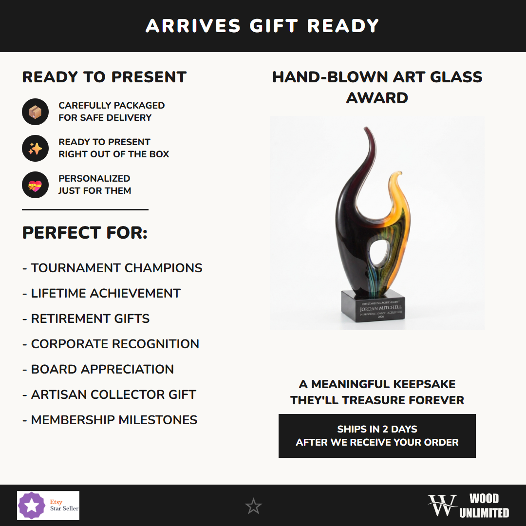 Gift-ready personalized Sculpture art glass award, perfect for ceremonies, retirements, and corporate recognition