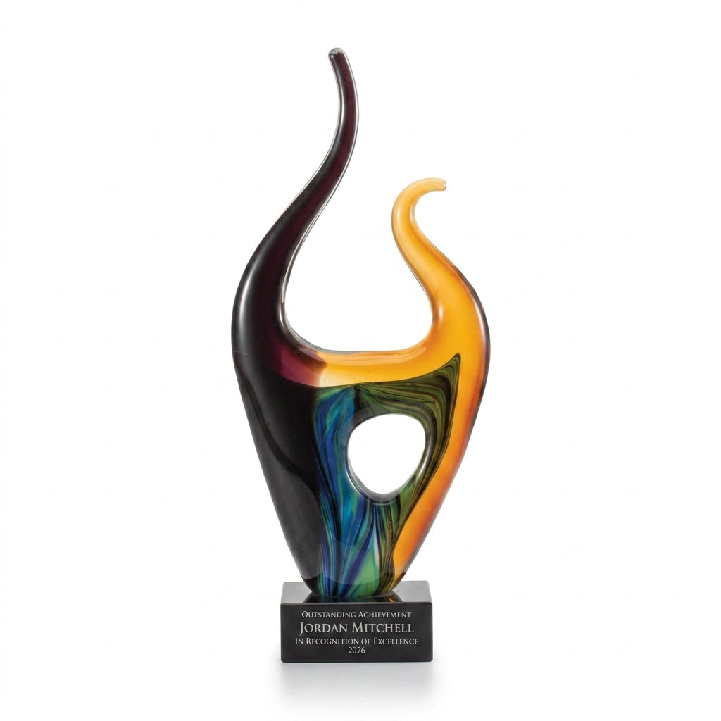 Personalized Sculpture art glass award, custom laser engraved recognition award on a clean white studio background