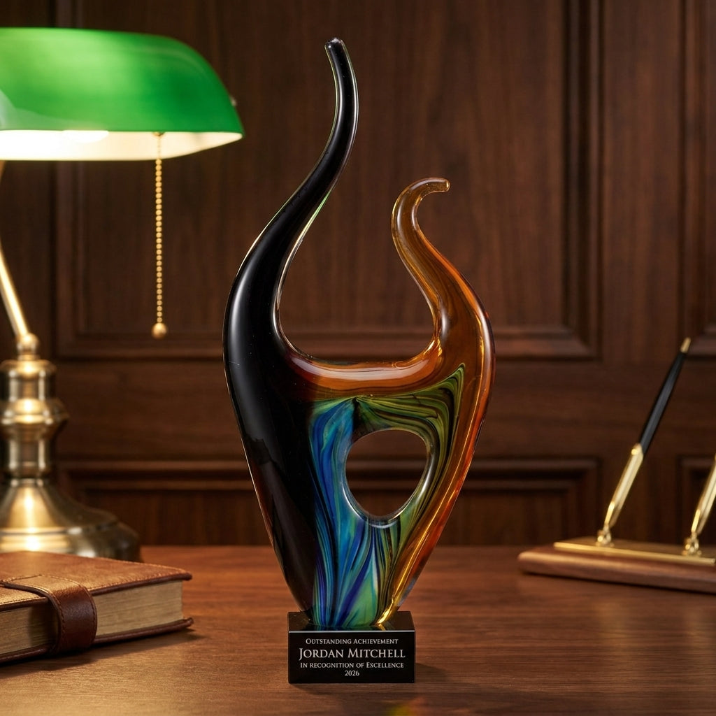 Personalized Sculpture art glass award on a warm executive desk with a green banker's lamp, engraved corporate recognition and retirement gift