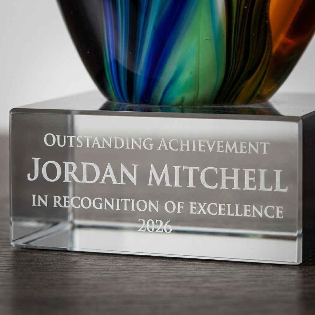 Close-up of the custom laser engraving on a personalized Sculpture art glass award, showing crisp permanent personalization