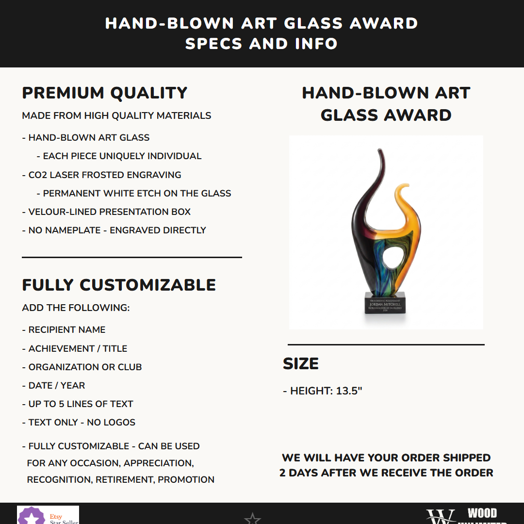 Specifications for the personalized Sculpture art glass award — materials, engraving, and features