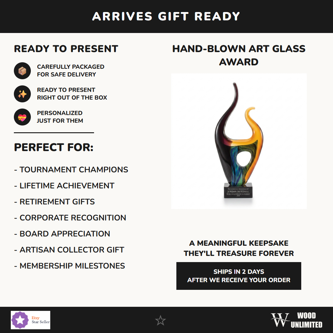 Gift-ready personalized Sculpture art glass award, perfect for ceremonies, retirements, and corporate recognition