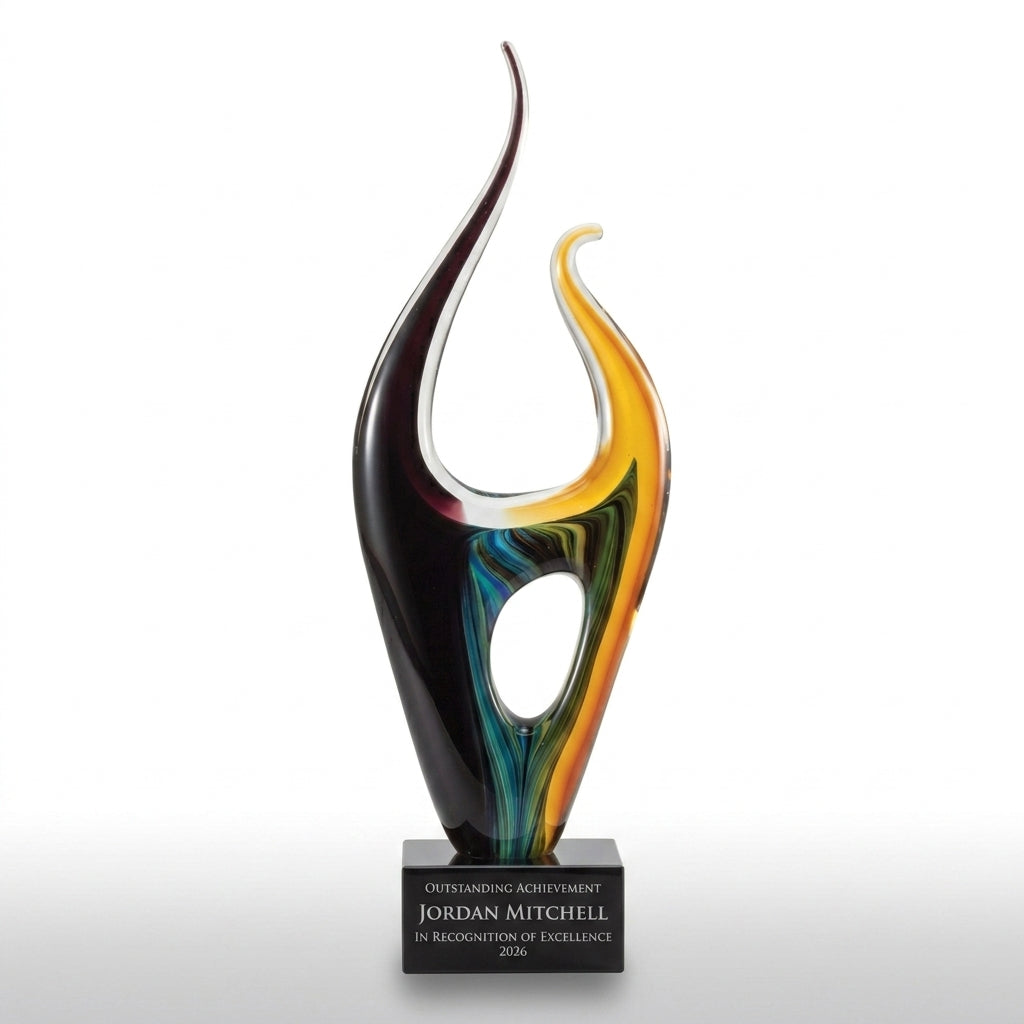 Personalized Sculpture art glass award, custom laser engraved recognition award on a clean white studio background