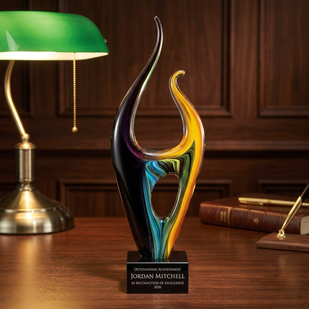 Personalized Sculpture art glass award on a warm executive desk with a green banker's lamp, engraved corporate recognition and retirement gift