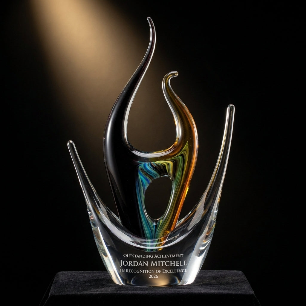 Personalized Sculpture art glass award on black velvet under awards-ceremony spotlight, engraved champion and lifetime achievement award