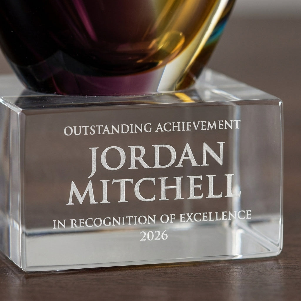 Close-up of the custom laser engraving on a personalized Sculpture art glass award, showing crisp permanent personalization