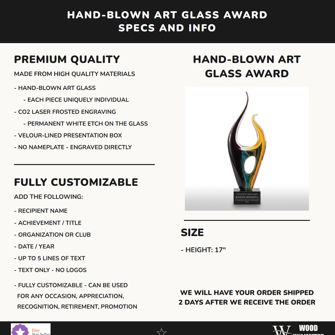 Specifications for the personalized Sculpture art glass award — materials, engraving, and features