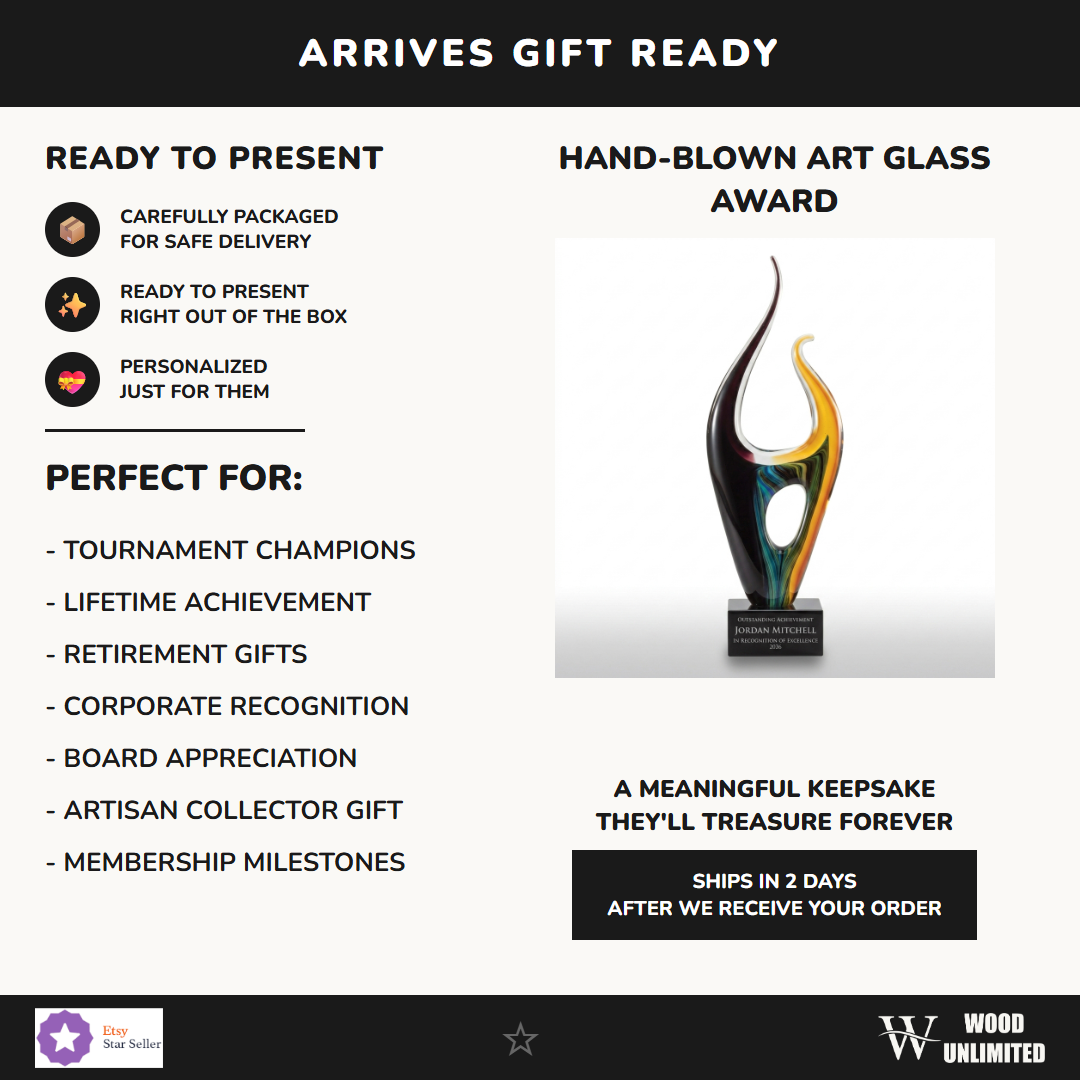 Gift-ready personalized Sculpture art glass award, perfect for ceremonies, retirements, and corporate recognition