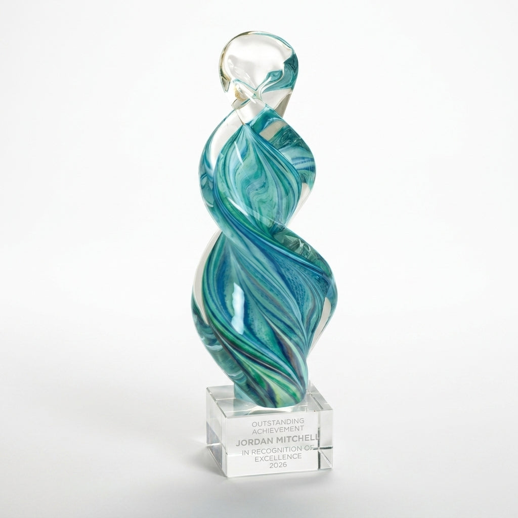 Personalized Sculpture art glass award, custom laser engraved recognition award on a clean white studio background