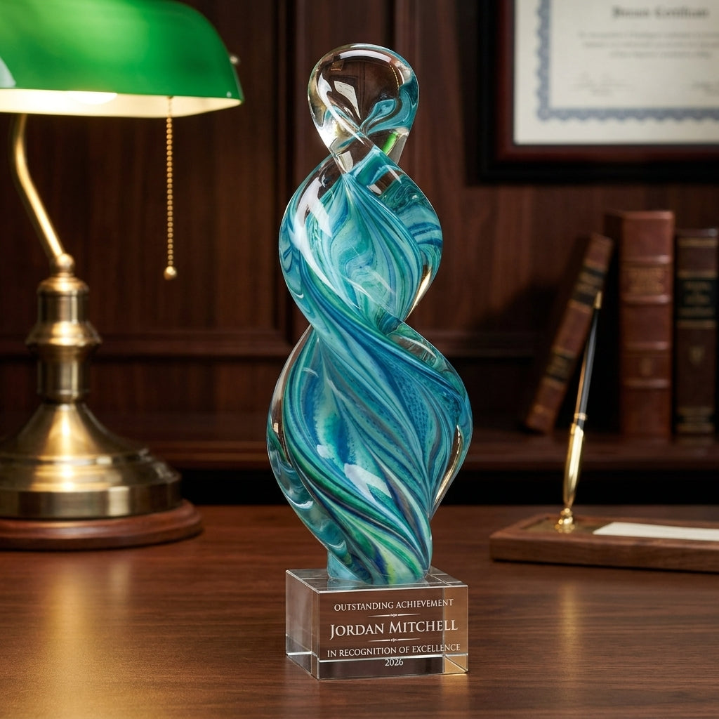 Personalized Sculpture art glass award on a warm executive desk with a green banker's lamp, engraved corporate recognition and retirement gift