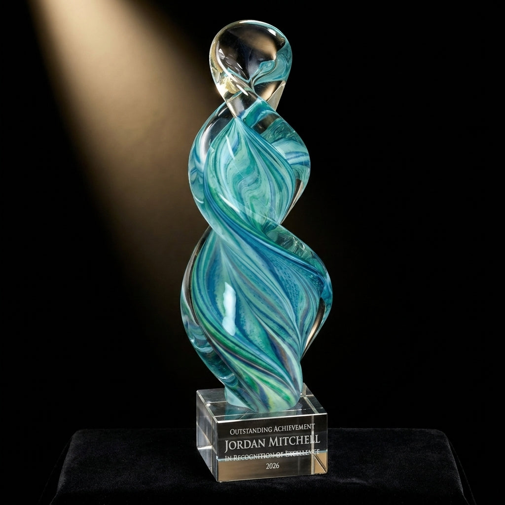 Personalized Sculpture art glass award on black velvet under awards-ceremony spotlight, engraved champion and lifetime achievement award