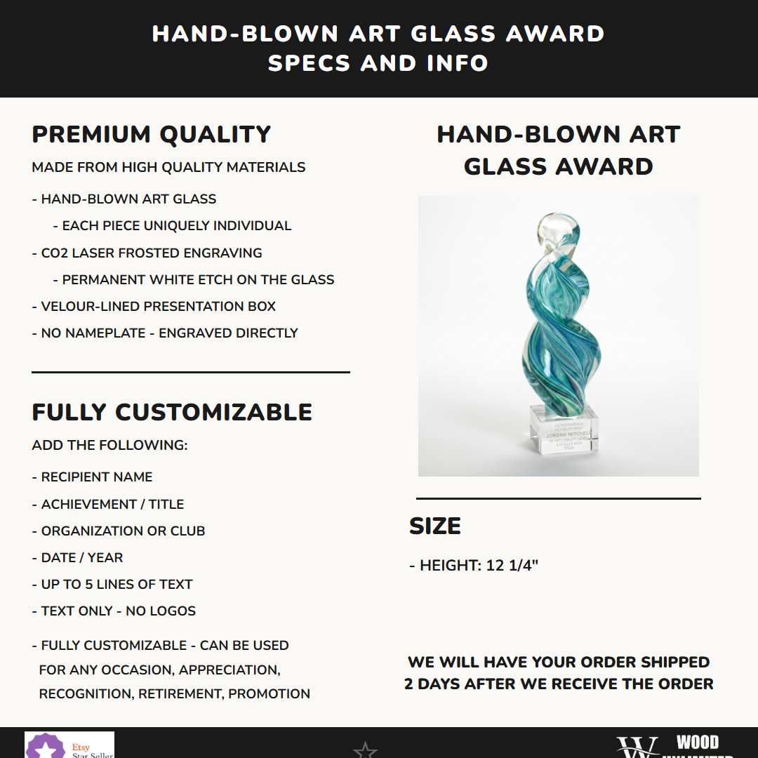 Specifications for the personalized Sculpture art glass award — materials, engraving, and features