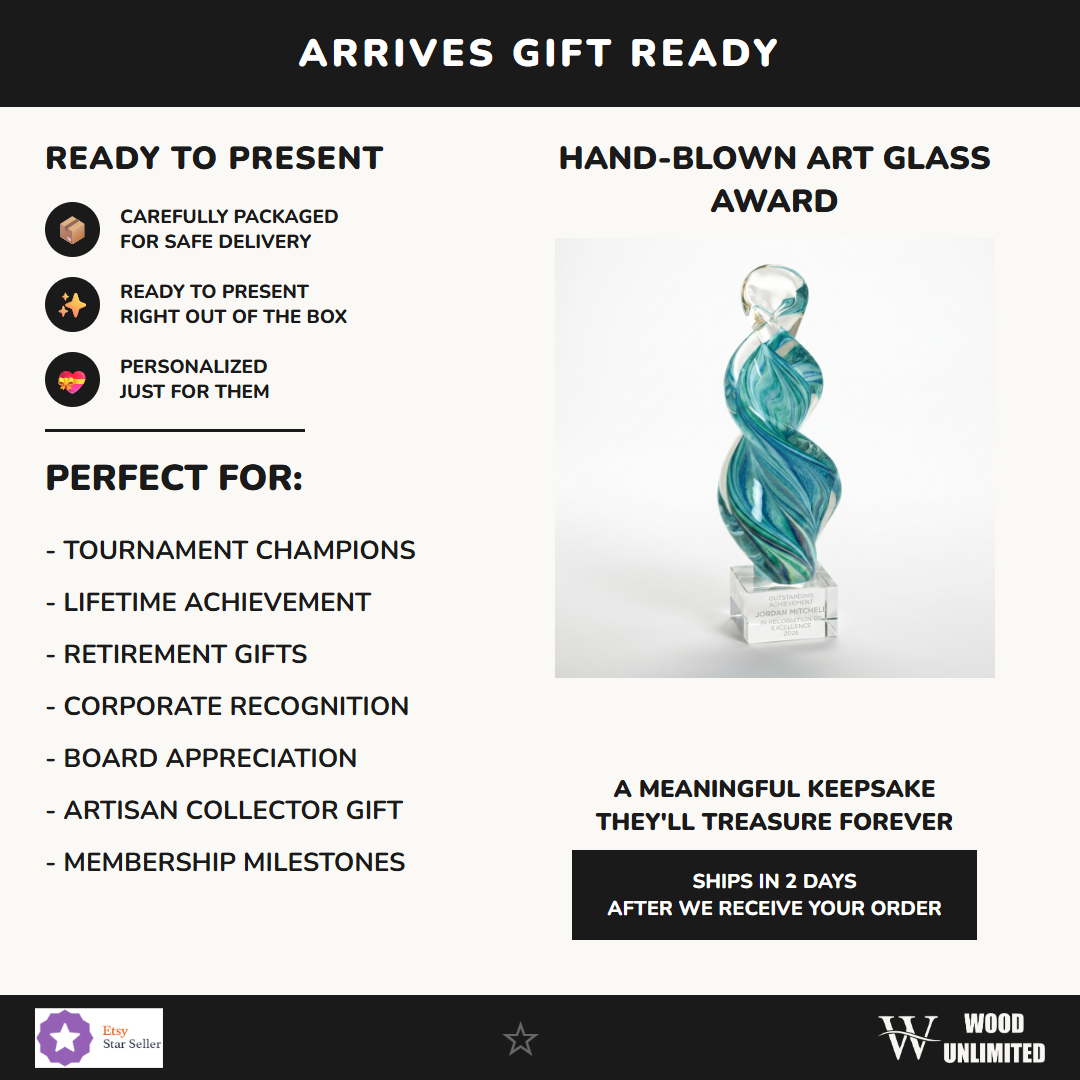 Gift-ready personalized Sculpture art glass award, perfect for ceremonies, retirements, and corporate recognition