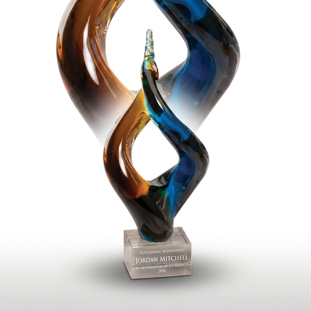 Personalized Amber Blue Double Flame art glass award, custom laser engraved recognition award on a clean white studio background