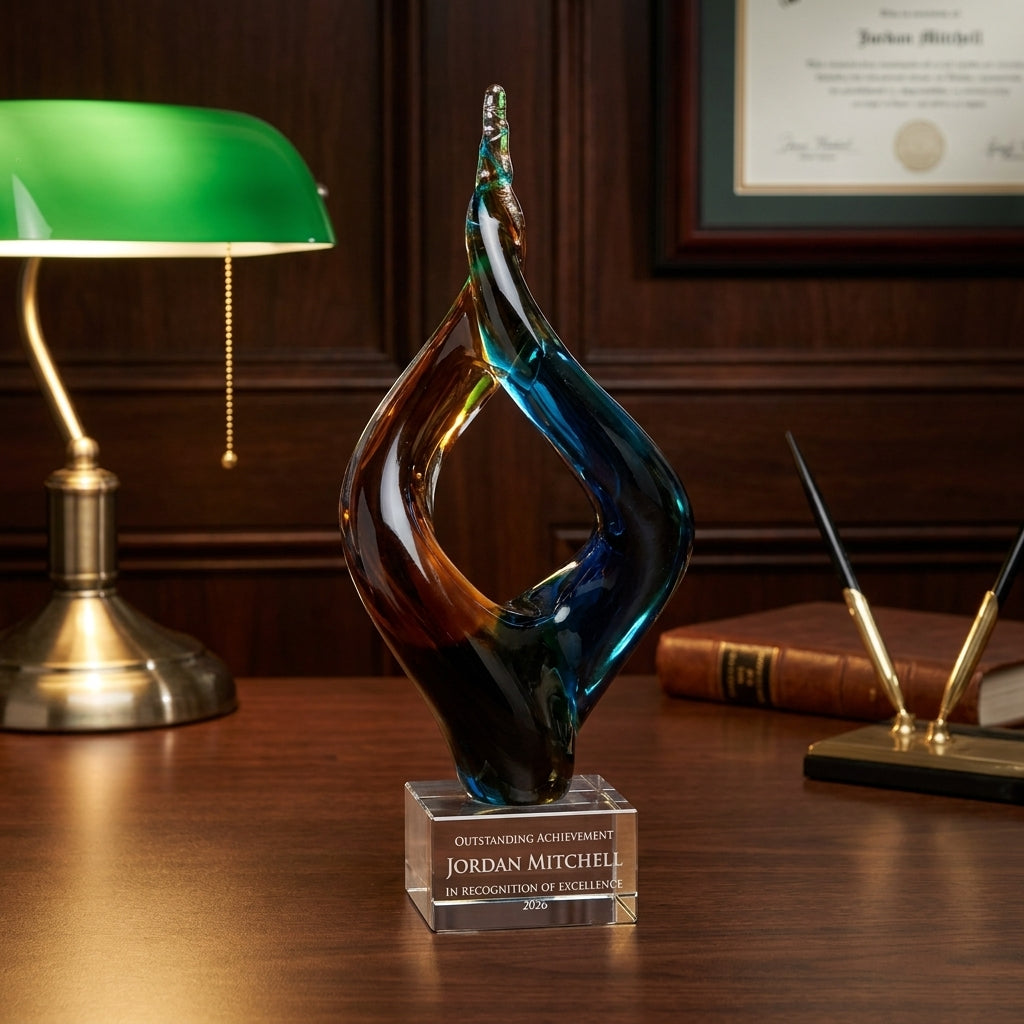 Personalized Amber Blue Double Flame art glass award on a warm executive desk with a green banker's lamp, engraved corporate recognition and retirement gift