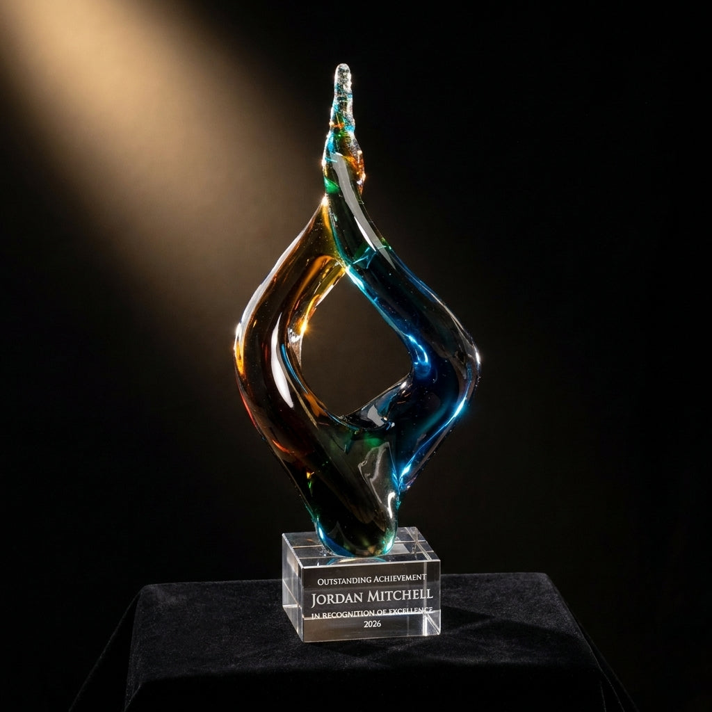 Personalized Amber Blue Double Flame art glass award on black velvet under awards-ceremony spotlight, engraved champion and lifetime achievement award