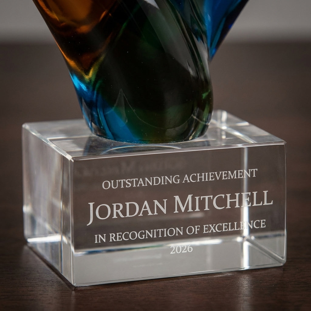 Close-up of the custom laser engraving on a personalized Amber Blue Double Flame art glass award, showing crisp permanent personalization