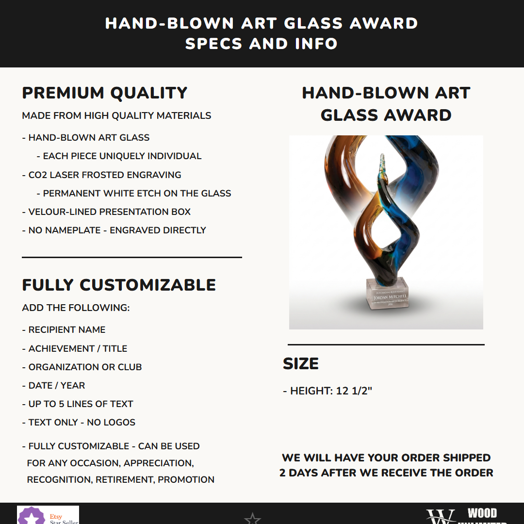 Specifications for the personalized Amber Blue Double Flame art glass award — materials, engraving, and features