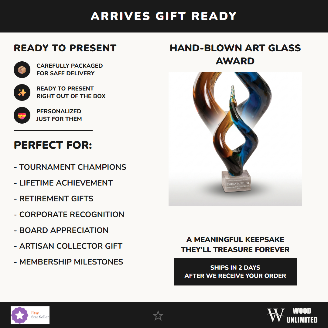 Gift-ready personalized Amber Blue Double Flame art glass award, perfect for ceremonies, retirements, and corporate recognition