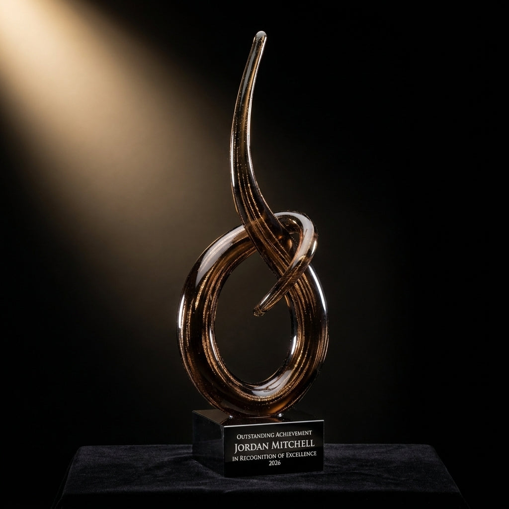 Personalized Small art glass award on black velvet under awards-ceremony spotlight, engraved champion and lifetime achievement award