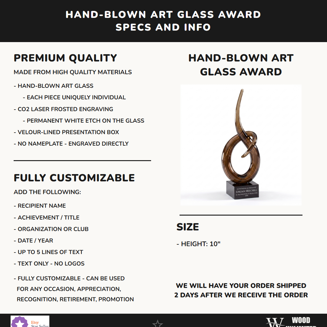 Specifications for the personalized Small art glass award — materials, engraving, and features