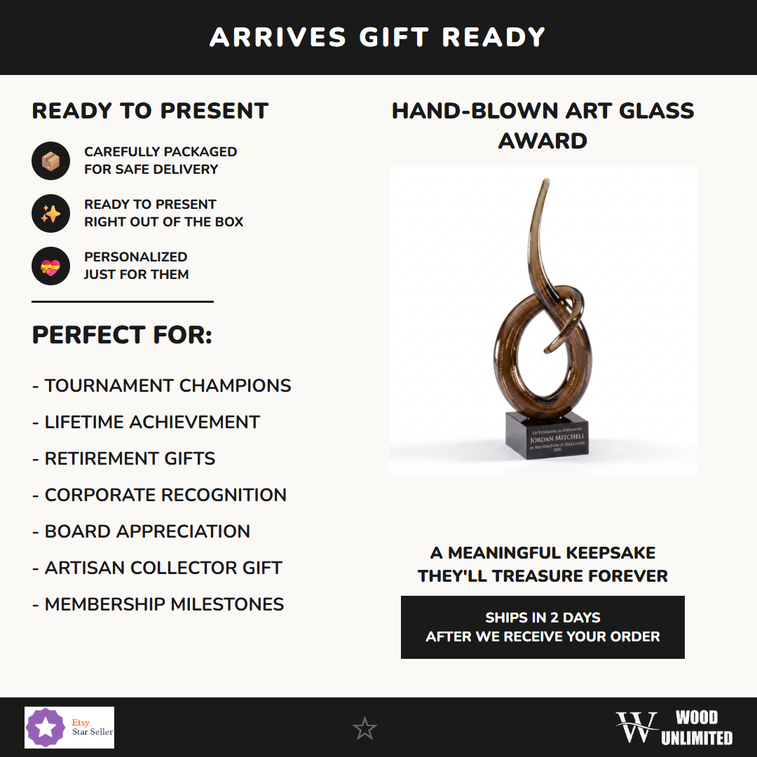 Gift-ready personalized Small art glass award, perfect for ceremonies, retirements, and corporate recognition