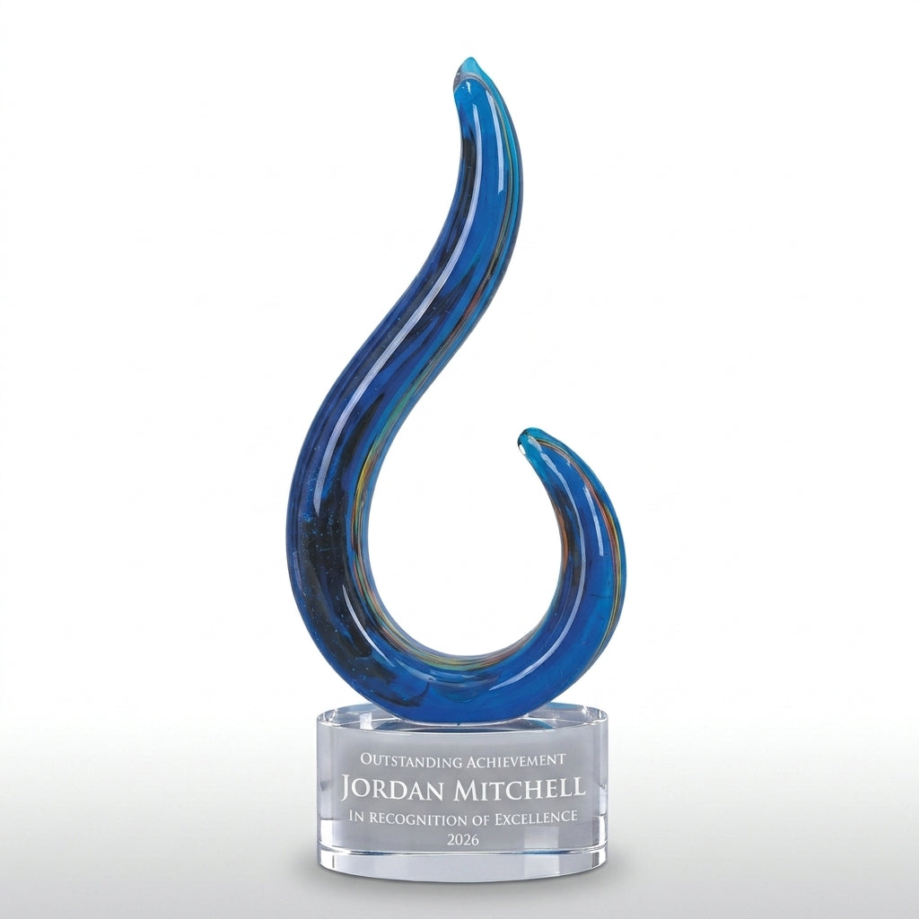 Personalized Swirl art glass award, custom laser engraved recognition award on a clean white studio background