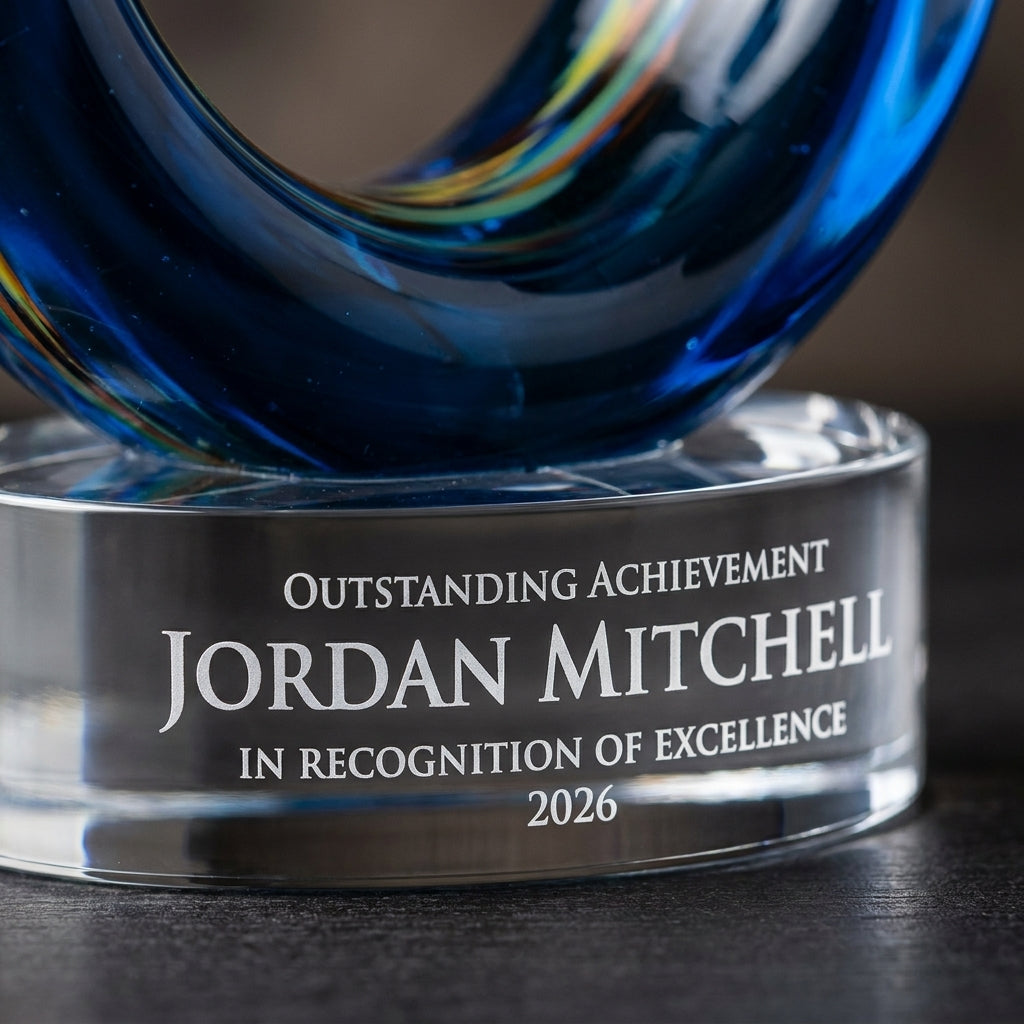 Close-up of the custom laser engraving on a personalized Swirl art glass award, showing crisp permanent personalization