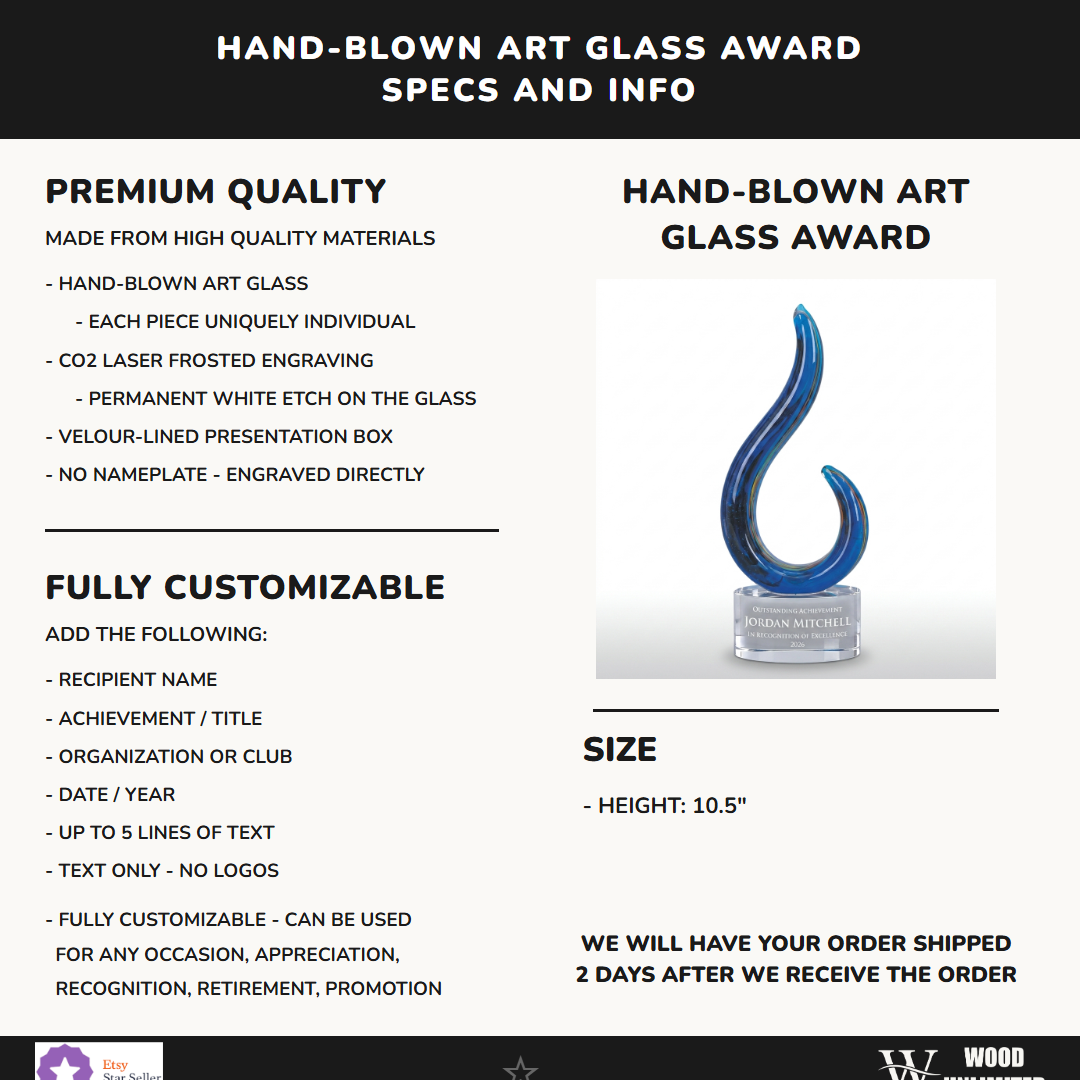 Specifications for the personalized Swirl art glass award — materials, engraving, and features