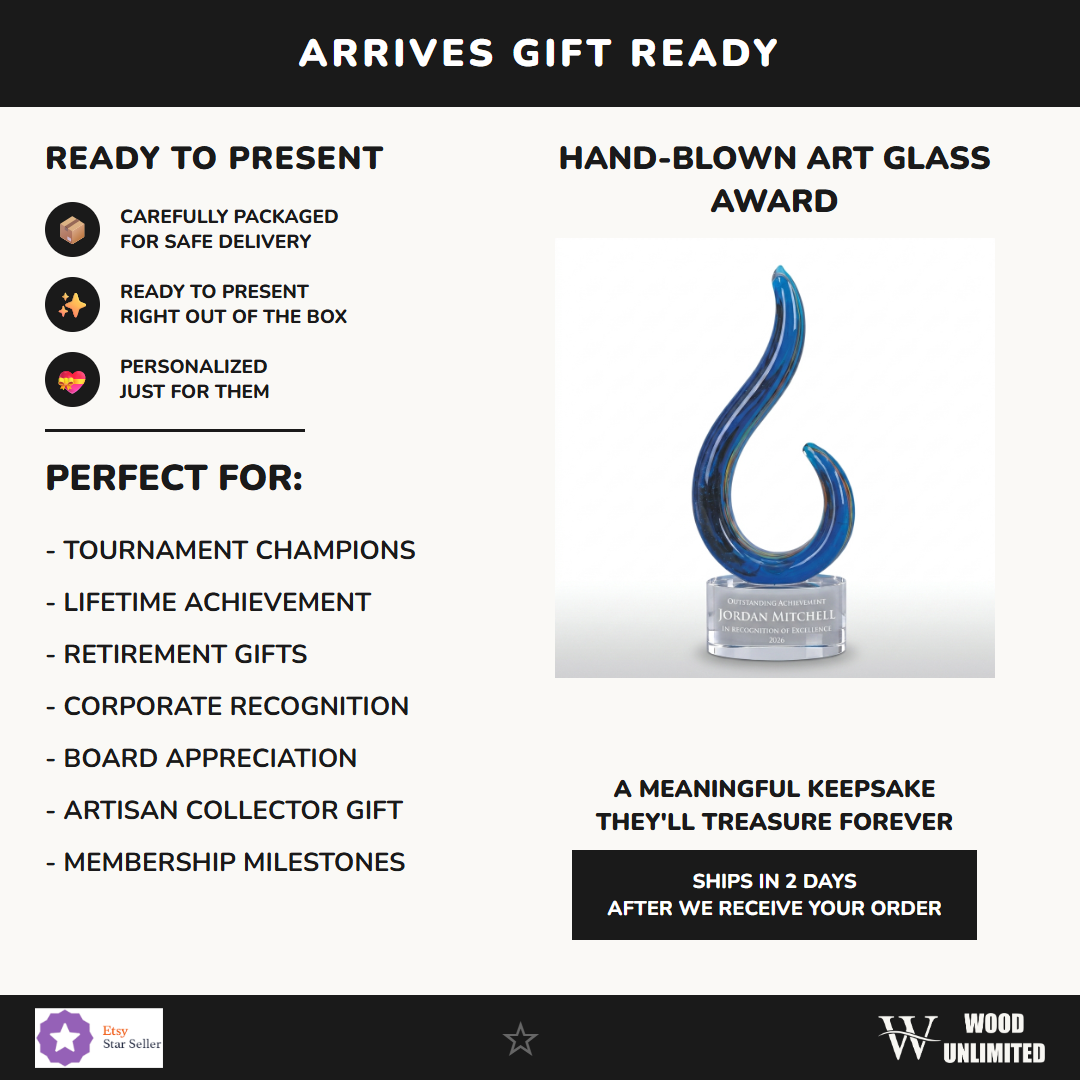 Gift-ready personalized Swirl art glass award, perfect for ceremonies, retirements, and corporate recognition