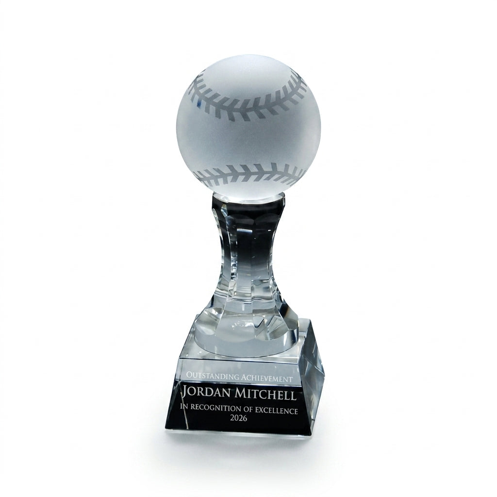 Personalized Baseball crystal award, custom laser engraved recognition award on a clean white studio background