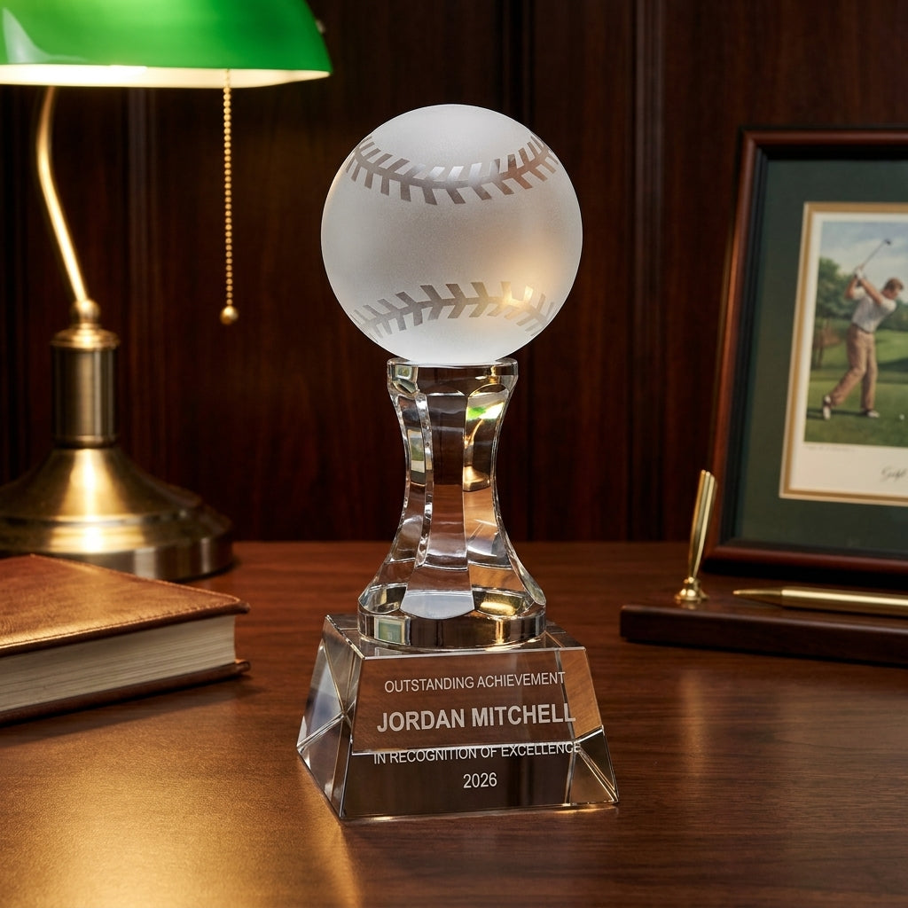 Personalized Baseball crystal award on a warm executive desk with a green banker's lamp, engraved corporate recognition and retirement gift